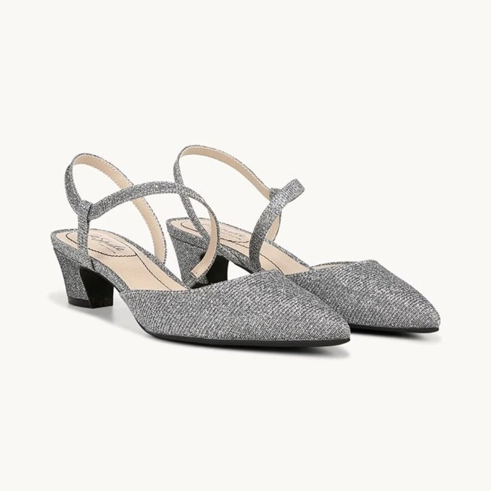 Life Stride Woman 10M Minimalist Pewter Silver Shimmer Kitten Heel Pointed‎ Toe